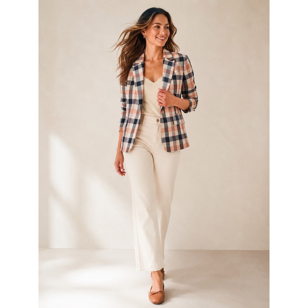 Talbots Petite Plaid Blazer 10P Pink Navy Cotton Blend Lined Jacket